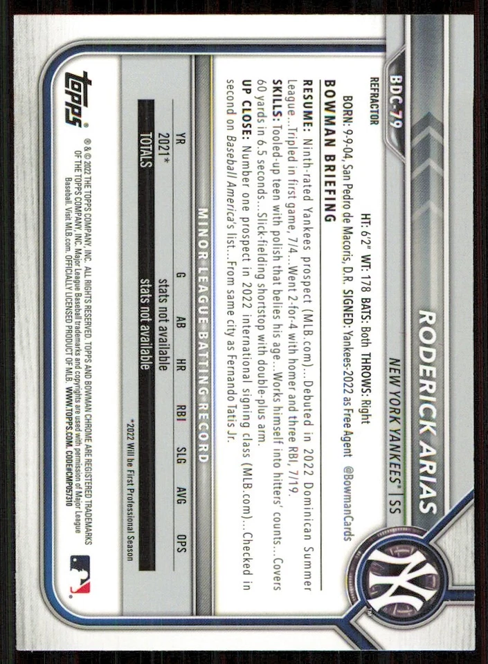 2022 Bowman Chrome Draft Refractors #BDC79 Roderick Arias - Image 2 of 2