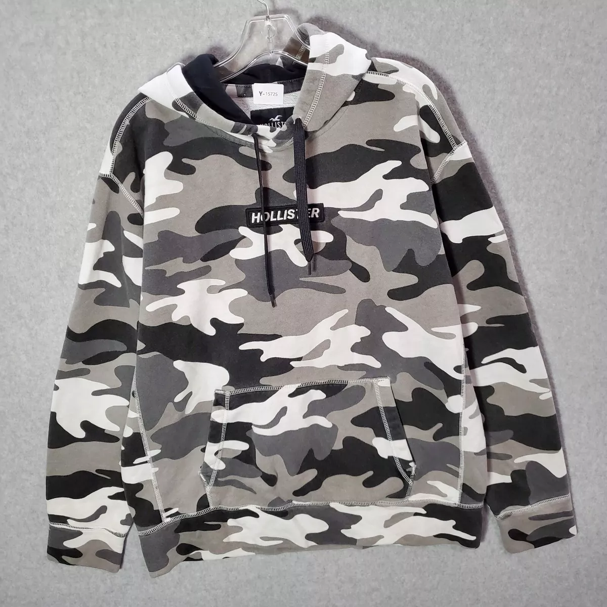 Hollister Men Sweatshirt Large Gray Camo Hoodie Logo Pockets Long Sleeve
