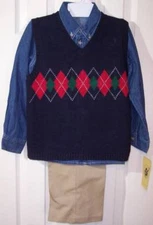 NWT Good Lad Boy's 3 Pc. Argyle Vest, Denim Shirt & Pants Outfit Set, 5, $46
