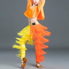 Girls Latin Dance Costume Off Shoulder Top Tassel Pants Outfit Modern Ballroom