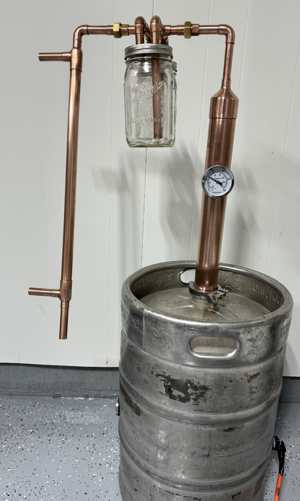copper 2" moonshine still column, thumper, and condenser fits keg