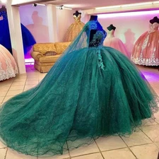 Green Quinceanera Dresses Ball Gown Beads Lace Applique Off Shoulder Sweet 16
