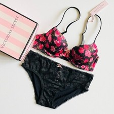 32C SMALL Victorias Secret black red floral lined demi bra set hiphugger panties