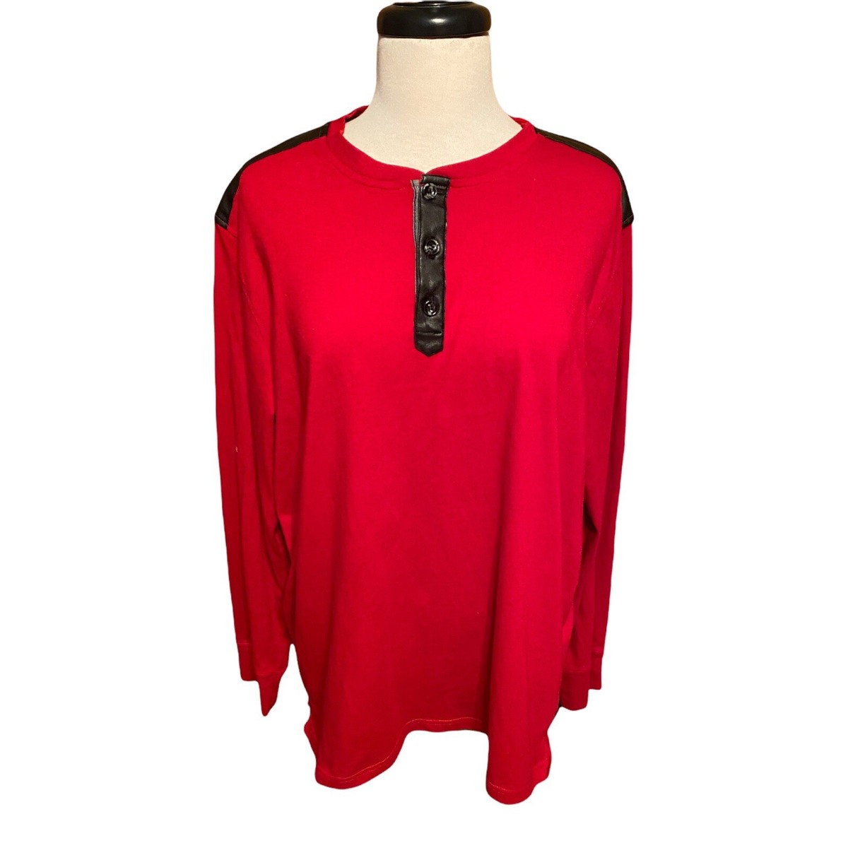 Men's Sean John XL Red Long Sleeve Henley Shirt Black Leatherette Elbow  Patches