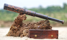 Télescope 16" ancien motif créateur avec étui en cuir cadeau nautique maritime