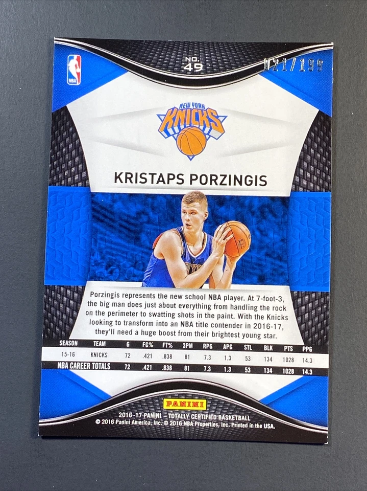 2016-17 Panini Totally Certified #49 Kristaps Porzingis Red Prizm SP /199 - NYK - Image 3 of 3