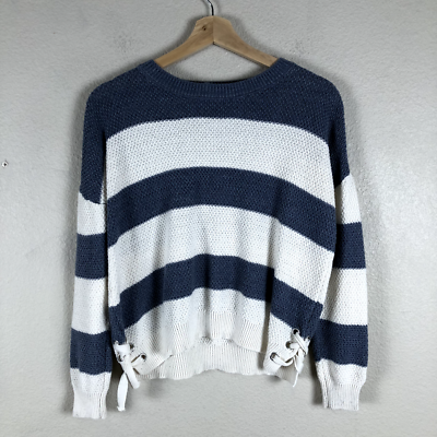 Pink Republic Sweater Women Large Blue Off White Stripe Cropped