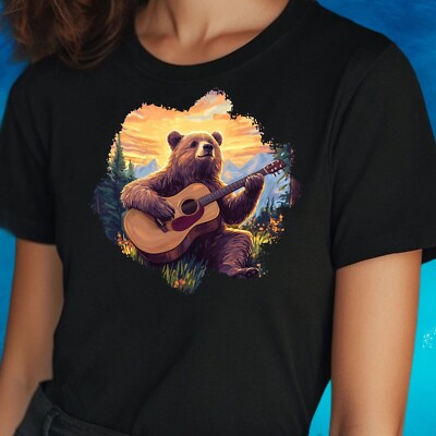 Frauen T-Shirt Bär spielt Gitarre Motiv Baumwolle Größe S bis 3XL
