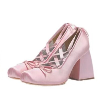 Women's Satin Square Toe Bowtie Lace Up Block Heel Gladiator Lolita Shoes SSCC