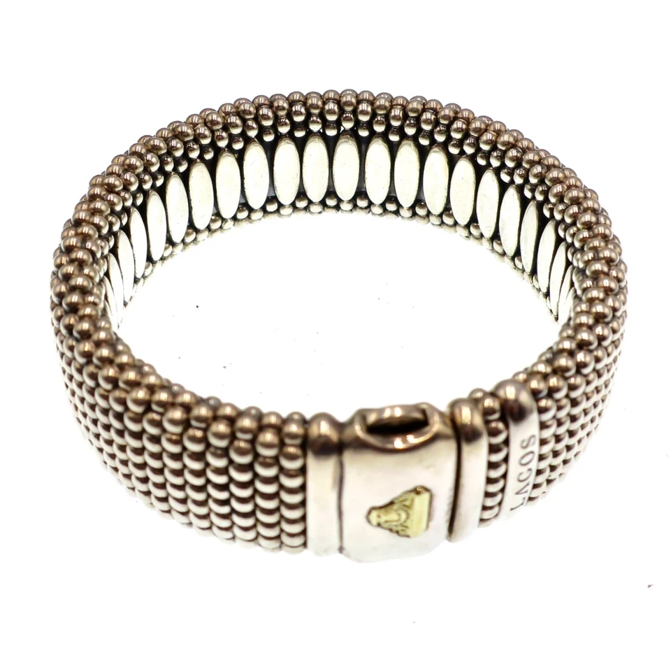 Pulsera LAGOS Caviar Plata de Ley y 18k 7-1/4 pulgadas XXL 23mm Ancho con Bolsa Foto 3 de 4