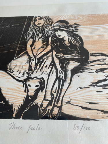 Vintage Original Frank Martin Woodblock Print Three Girls 80/100 Framed Signed - Picture 12 of 17