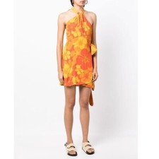 Faithfull the Brand Odette Floral Halter Neck Backless Wrap Mini Dress Orange S