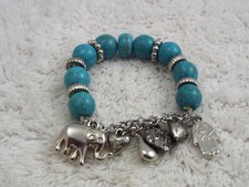 Silvertone Blue Howlite Stone Elephant Hamsa Heart Charm Stretch Bracelet K23 