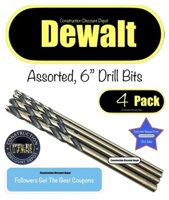ASSORTED 4 Pack DEWALT 6'' Black And Gold HSS Aircraft length Twist Drill Bit
