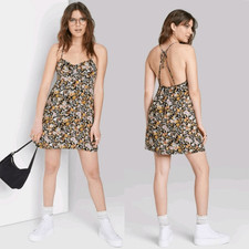 Wild Fable black yellow purple ditsy boho floral mini strappy slip sun dress S