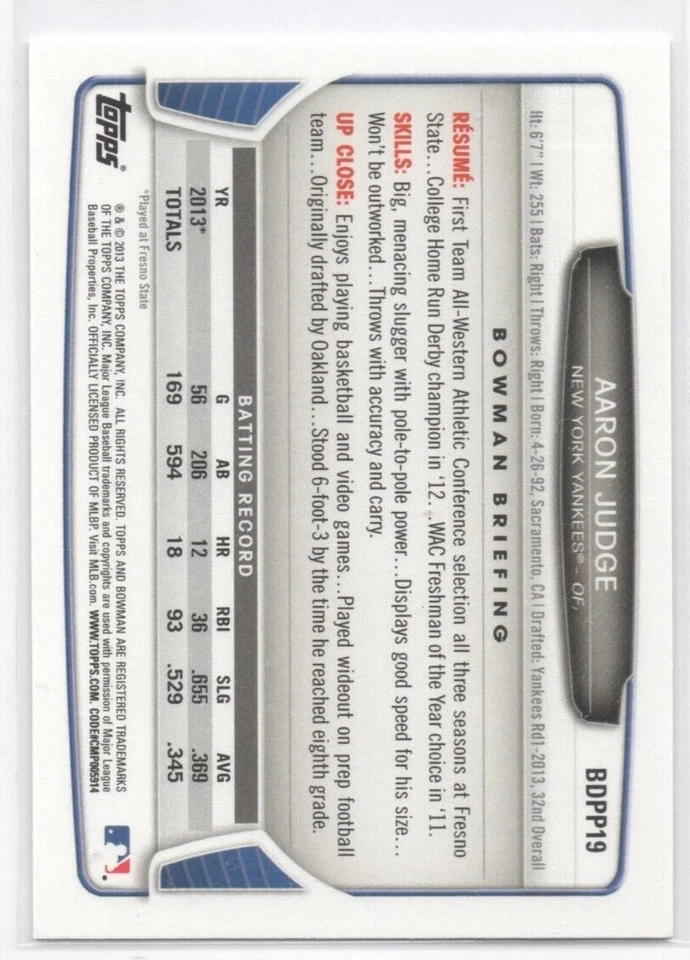 AARON JUDGE 1er 2013 Bowman Draft Béisbol New York Yankees RC Chase Pack Foto 2 de 2