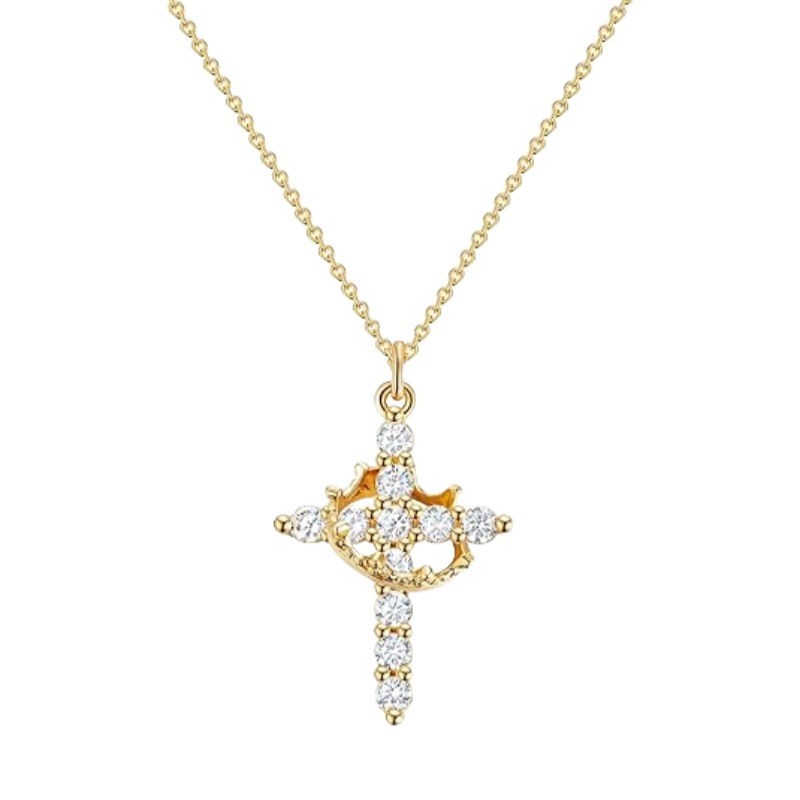 14k Gold Plated Cross Necklace for Women Zircon Crown Cross Pendant Necklaces