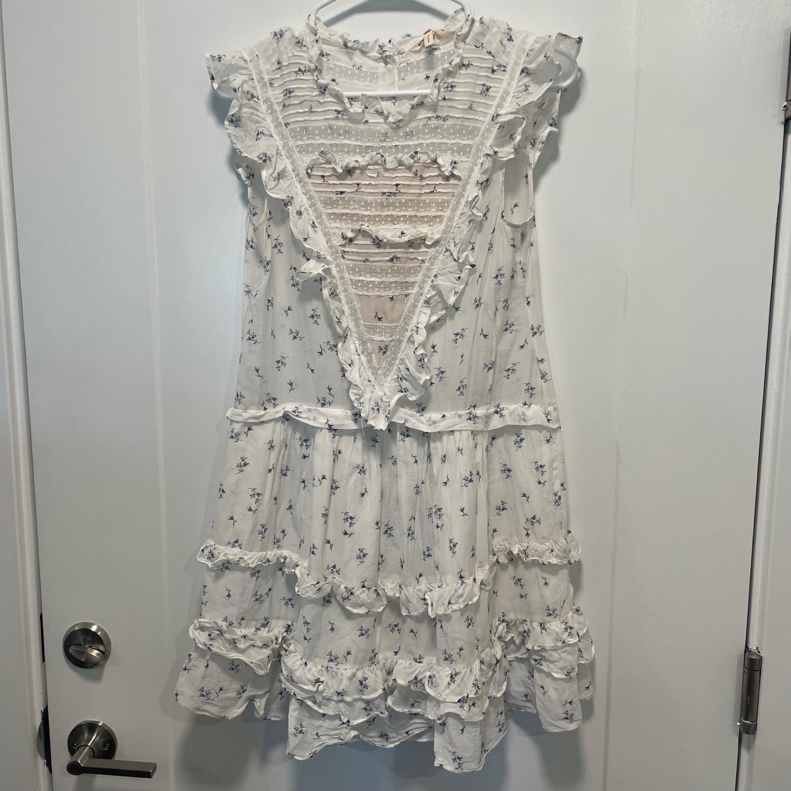 Rebecca Taylor Cotton Silk Floral Lace Ruffle Tiered Mini Dress White Blue 4