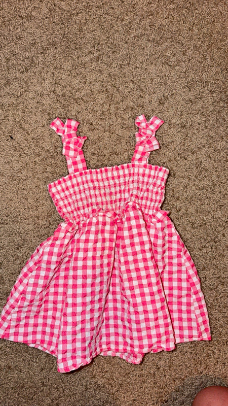 Girls 2T Pink/White Gingham Smocked Bow Sundress Sleeveless Square Neck