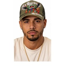 Ed Hardy Rhinestone Dragon Tattoo Olive Green Baseball Cap - One Size Fits All