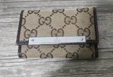 GUCCI GG Logo Metal Plate Brown Canvas 6 slot Ring Key Case leather trim