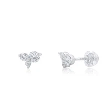 925 Sterling Silver Triple Stone Cluster Moissanite Stud Earrings Rhodium Plated