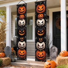 Halloween Porch Vertical Banner Set Scary Jack O Lantern Pumpkin Spider
