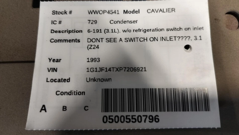 Used A/C Condenser fits: 1993 Chevrolet Cavalier 6-191 3.1L w/o refrigeration sw - Изображение 2 из 4