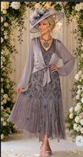 Chesca Ann Harvey Grey Taupe Beaded Dress 20s gatsby wedding Occasion Evening 24