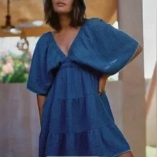 NWT Aerie Pool To Party Dress Cottagecore Coquette Whimsical Feminine Gauze Blue