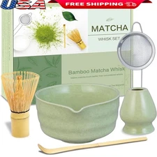 Complete Matcha Making Kit W/ Bamboo Whisk Ceramic Bowl Sifter Scoop Holder New