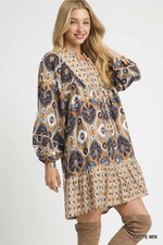Latte Umgee Floral Print Long Sleeve Tiered Dress with Yoke Neckline