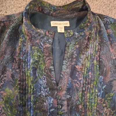 Coldwater Creek Blouse Womens XL Blue Floral Pleated Henley Tunic Top Lined