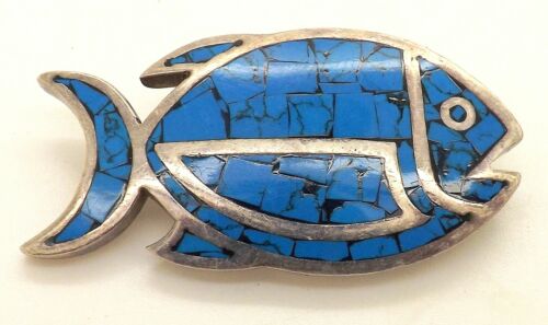 VINTAGE STERLING TAXCO MEXICO TURQUOISE FISH PIN ~SIGNED TM-20~