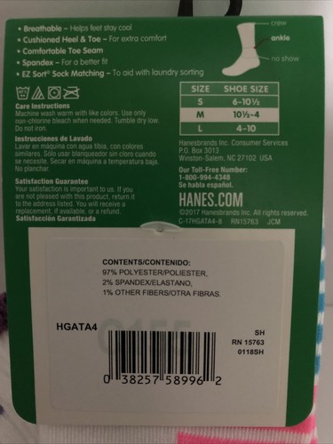 Ankle Socks Girls Shoe Size 10.5-4 Hanes Sport 4-Pair - Picture 4 of 6