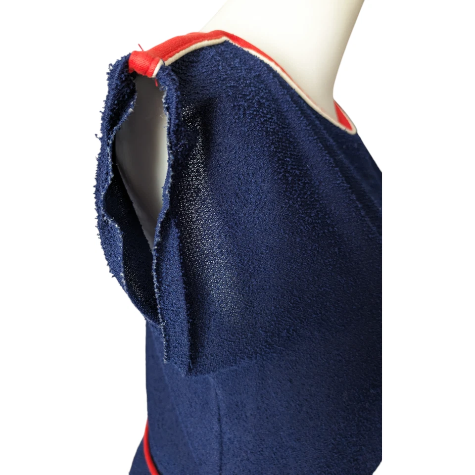 Vintage 70s Navy Blue Towelling Boat Neck Short Sleeve Knee Length Dress Size 14 - image 3 of 4