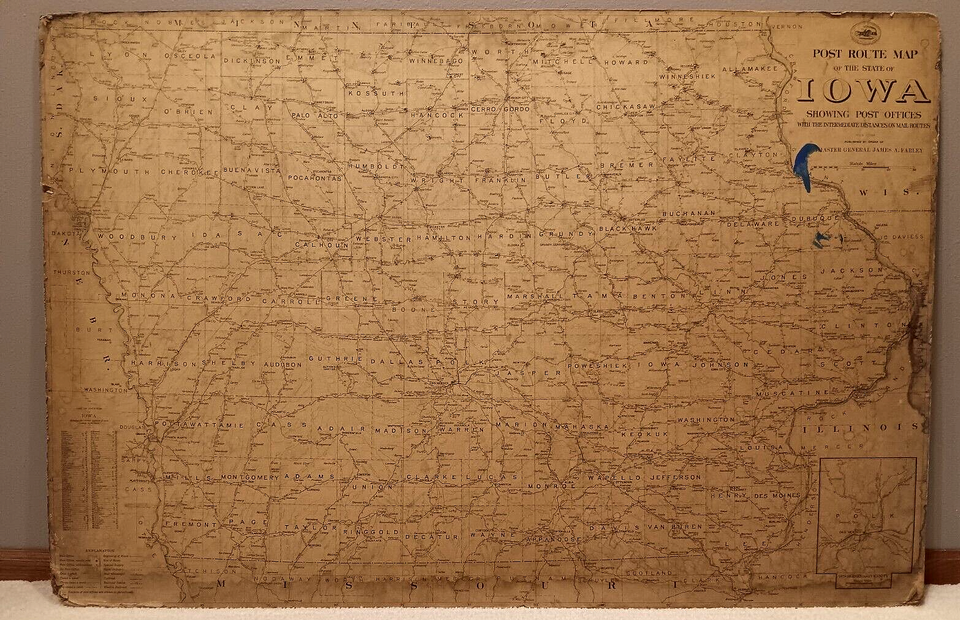 1935 State of IOWA POST OFFICE POSTAL ROUTE wall MAP Heavy Cardboard 49