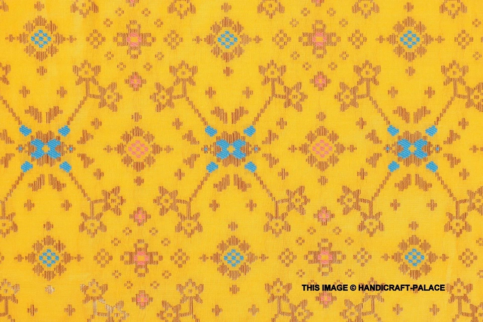 Ikat Yellow & Gold Damask Metallic Indian Design Banarasi Brocade Fabric 58" Art - Image 2 of 3