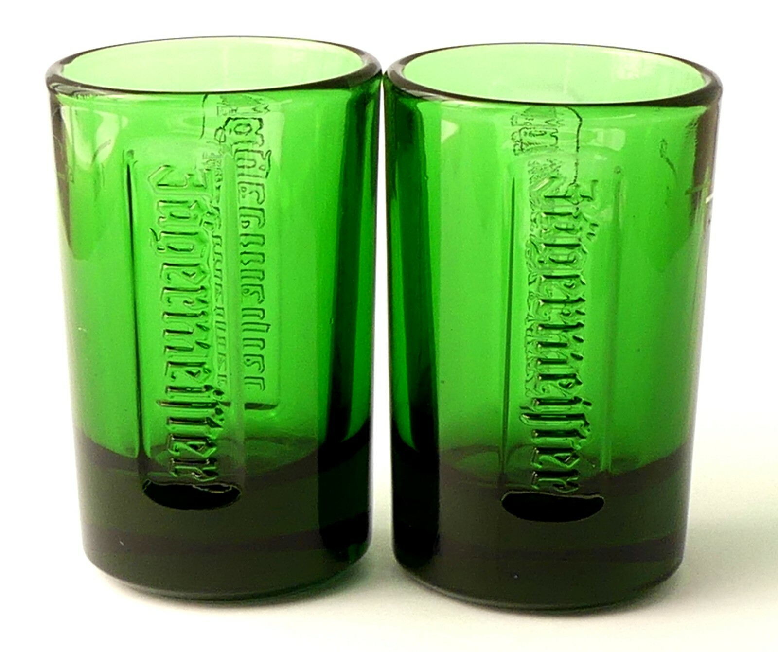 2 BRAND NEW RARE GREEN BOTTLE GLASS EMBOSSED JAGERMEISTER 1 Oz. SHOT