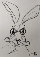 Hasenöl Pastellzeichnung 12X8" VIVEK MANDALIA Minimalismus skurriles Original 