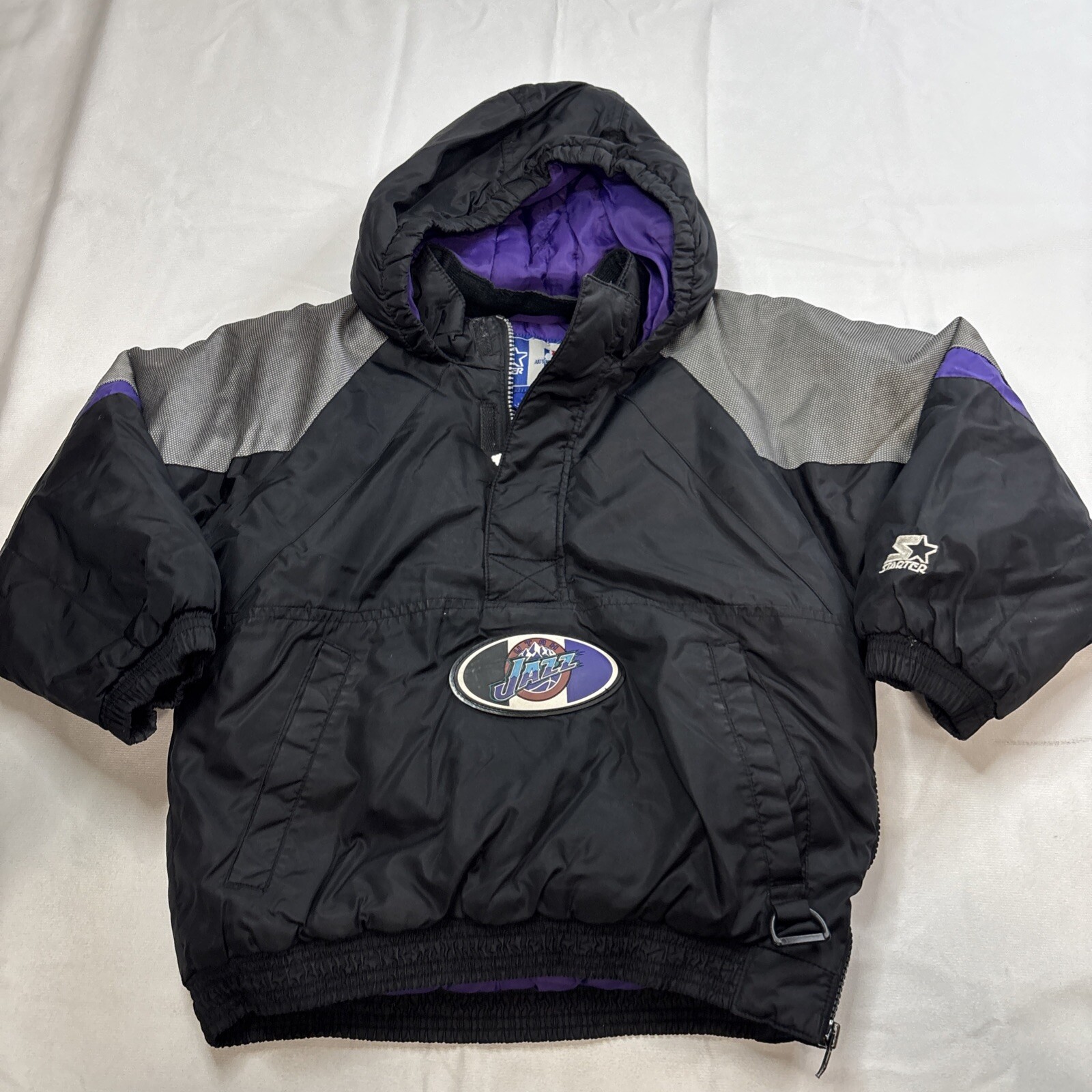 Vintage 90s Utah Jazz Starter pullover hooded half-zip jacket in black and gray for boys