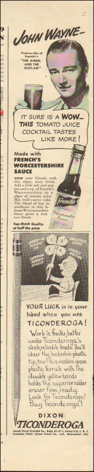 1950's Vintage ad for Ticonderoga Pencils retro Art/John Wayne French'    091020