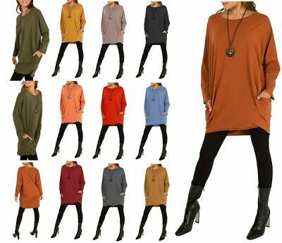 Damen italienischer Legeenlook Fledermaus Langarm getaucht Saum Kleid Top Neu