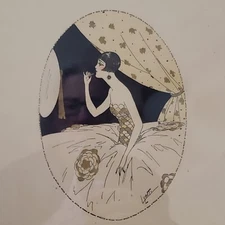 Artist Art Deco Signed Lyett Lady In Boudoir Hand Illustrated Framed Vintage 