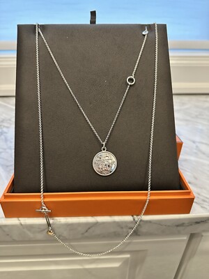 Hermes Ex Libris GM Charm Medallion  Pendant Sterling Necklace 925 NIB W Receipt