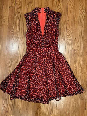 French Connection Red Black Print Sleeveless Deep V Neck Dress Size 2 Sheer EUC