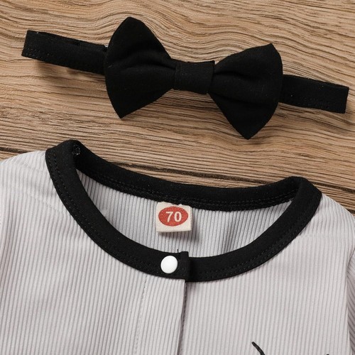 Newborn Baby Boy Halloween Outfit Long Sleeve Spider Pattern Jumpsuit Bowtie - Picture 3 of 6