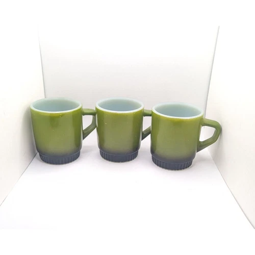 3 Vintage 1950s Anchor Hocking Avocado Green Coffee Mug Tea Cup Set Matching