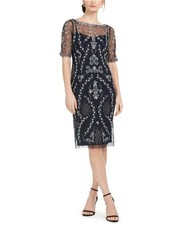 Adrianna Papell Womens Beaded Sheath Dress, navy, 4