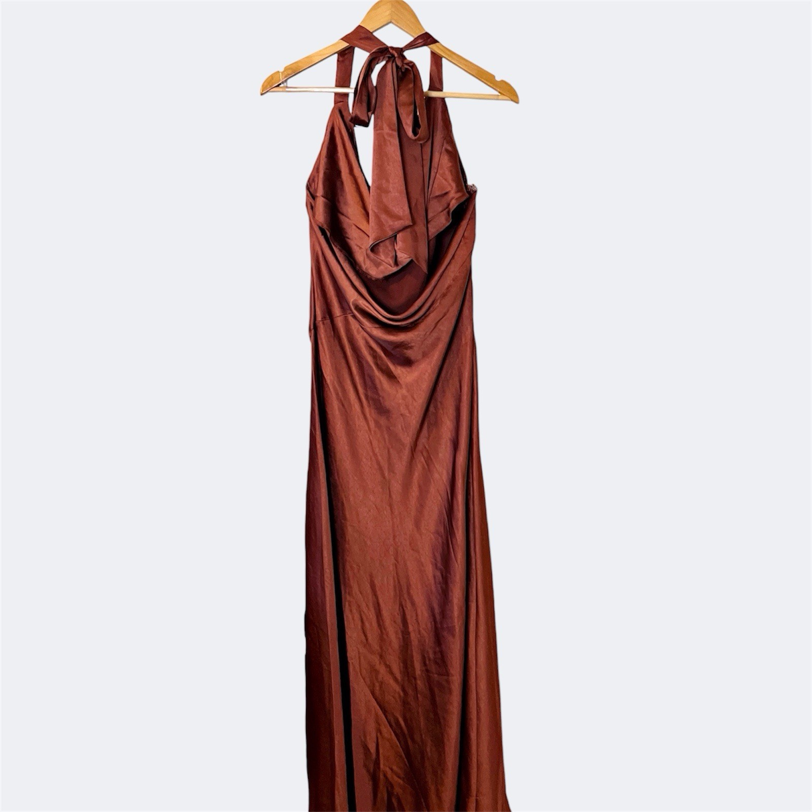 Billy J Sian Halter Maxi Dress AU 16 / US 12 / XXL Satin Tie Leg Slit Rust NWT image 6